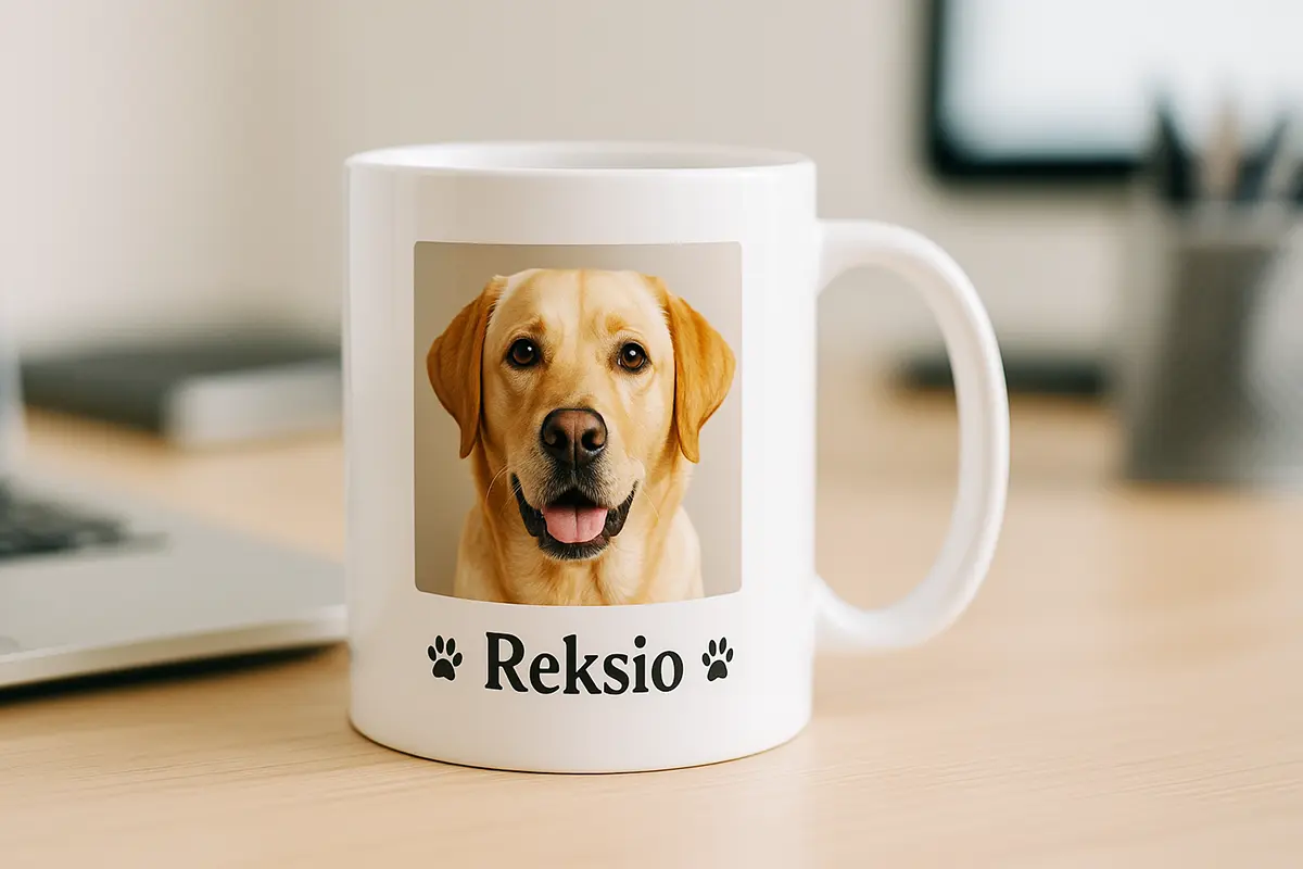 Kubek ze zdjęciem psa — portret labradora „Reksio” z ozdobnymi łapkami, personalizowany kubek dla miłośnika zwierząt.