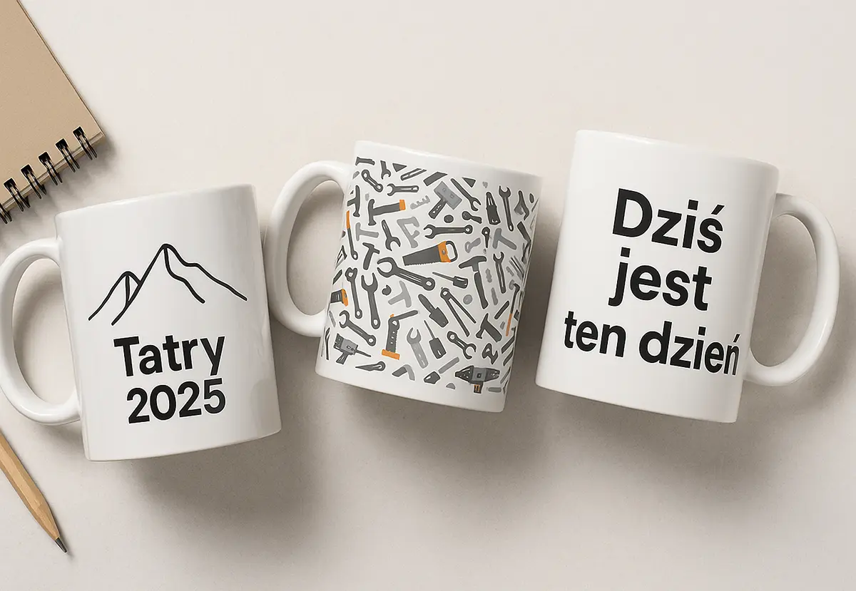 Ceramiczne kubki z różnymi projektami: line-art „Tatry 2025”, fullprint z narzędziami i typograficzne „Dziś jest ten dzień” — inspiracje do kreatora kubków.