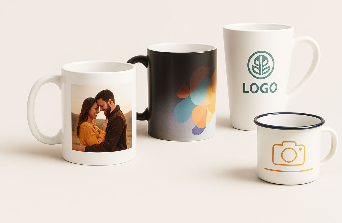 Cztery kubki z własnym nadrukiem: biały ze zdjęciem, czarny magiczny, latte z logo, emaliowany z ikoną aparatu