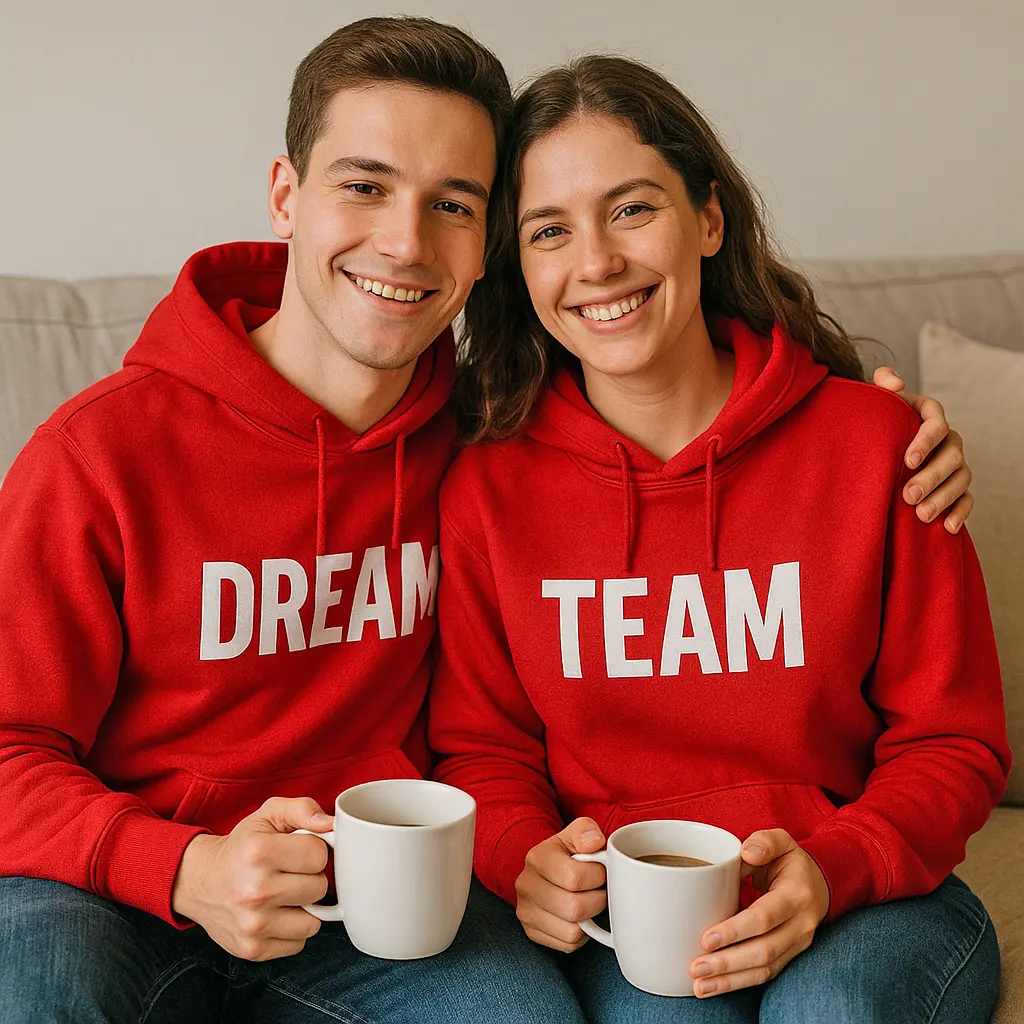 Para w matching bluzach „DREAM / TEAM” z kubkami kawy na sofie – domowe ujęcie