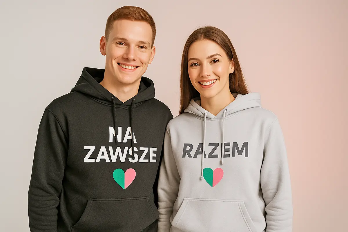 Para w matching bluzach kangurkach – napisy „NA ZAWSZE” i „RAZEM”, minimalistyczne tło gradientowe
