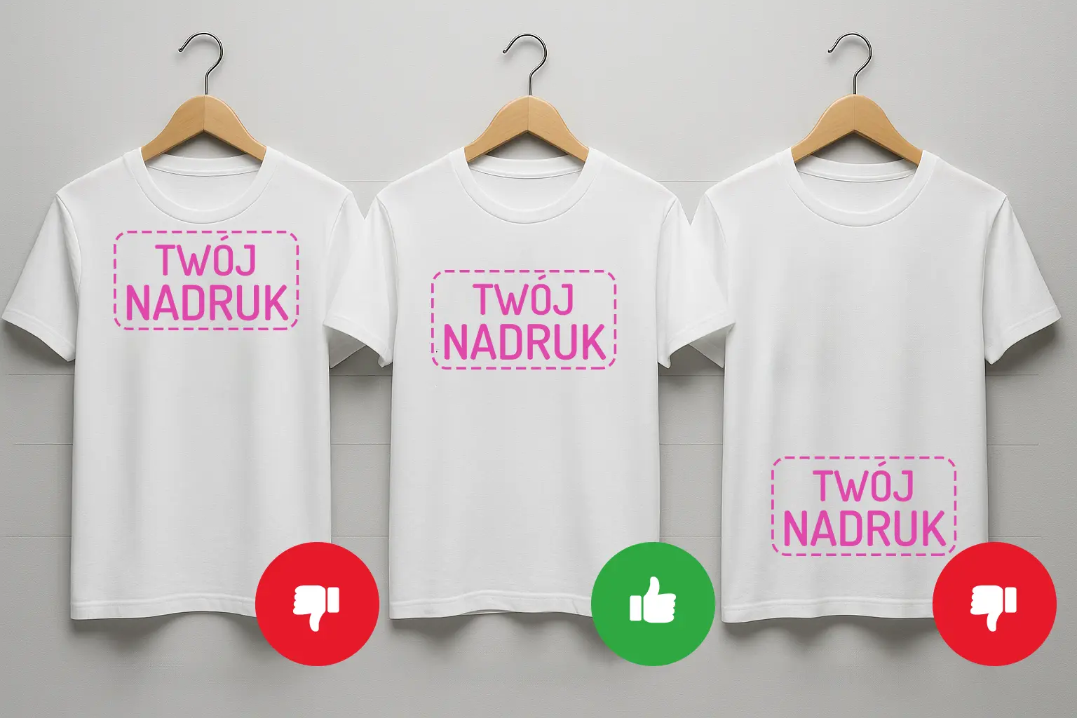 Trzy białe koszulki na wieszakach: po lewej nadruk za wysoko (❌), w środku optymalnie (✅), po prawej za nisko (❌) — porównanie miejsca nadruku w projekcie koszulki z własnym nadrukiem.