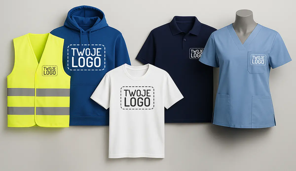 Odzież do znakowania: kamizelka odblaskowa, bluza z kapturem, polo, koszulka i kasak medyczny — miejsca na logo firmy.