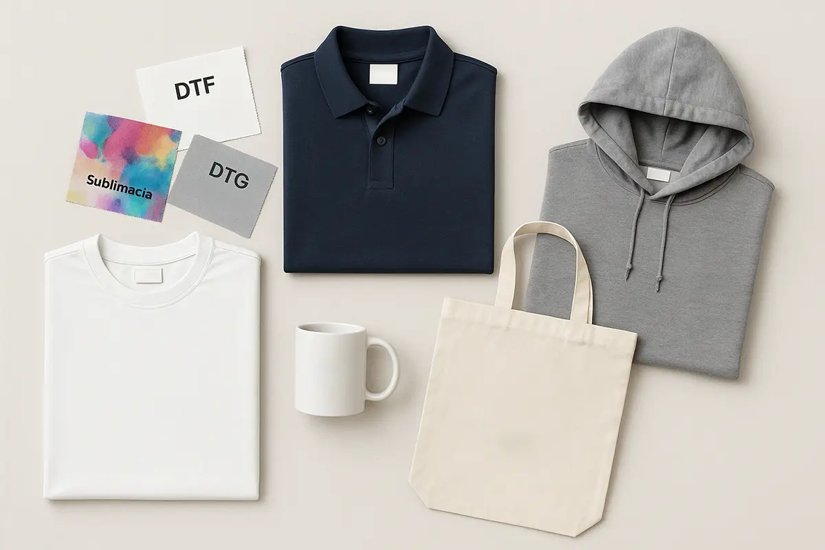 Pakiet próbek dla firm: koszulka, polo, bluza, torba i kubek z różnymi rodzajami nadruków oraz fragmentami materiałów
