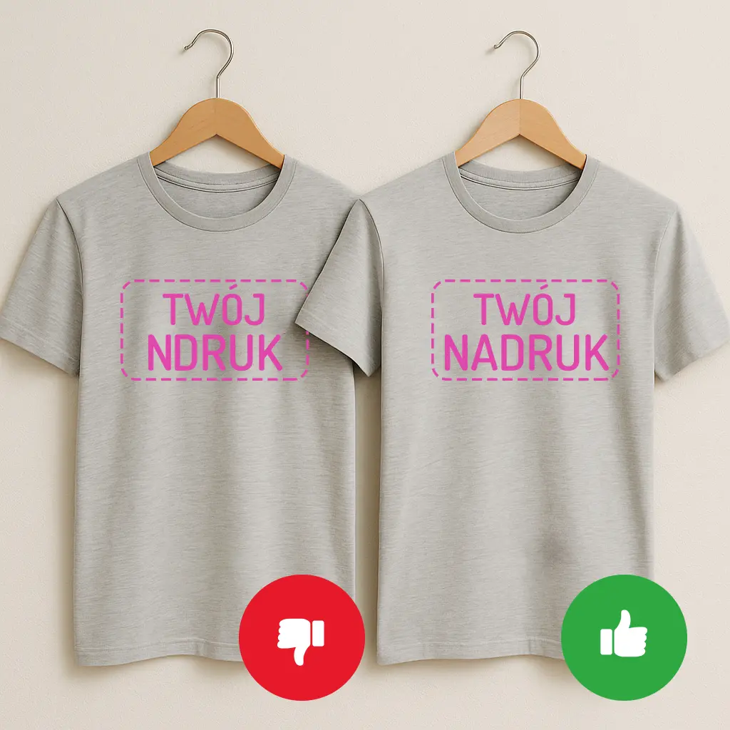 Dwie szare koszulki na wieszakach: po lewej literówka „TWÓJ NDRUK” oznaczona czerwonym X, po prawej poprawne „TWÓJ NADRUK” z zielonym znakiem — pośpiech vs uważność w projekcie koszulki z własnym nadrukiem.