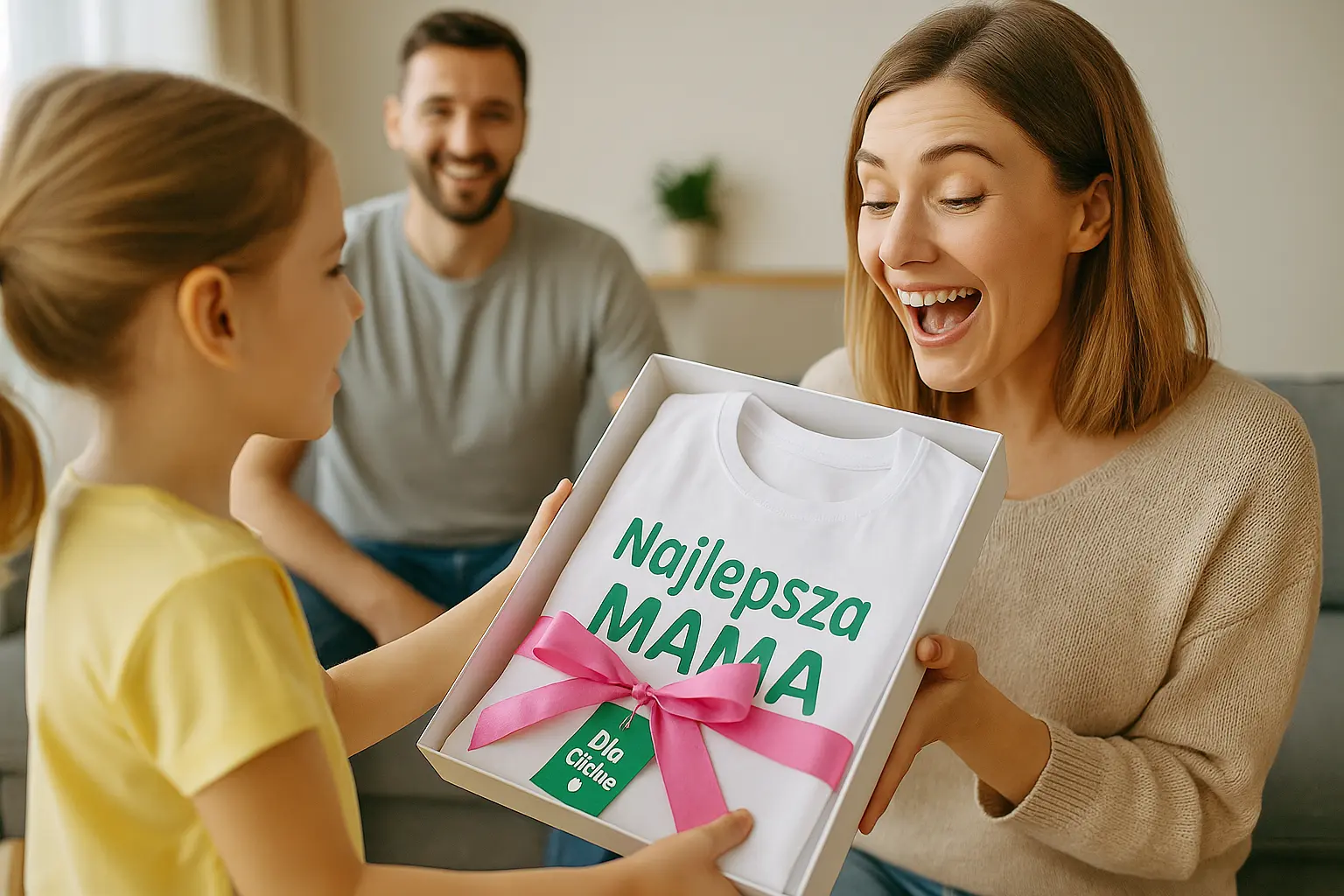 Kilkuletnie dziecko wręcza mamie pudełko z koszulką z własnym nadrukiem — prezent zaprojektowany w kreatorze online.