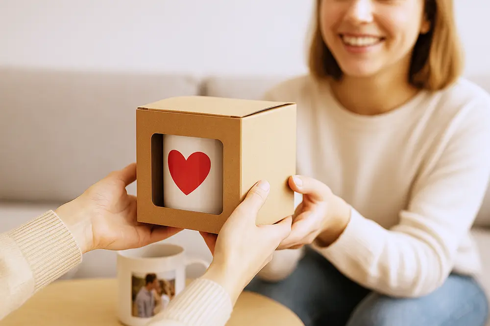 Zapakowany kubek z nadrukiem wręczany jako prezent — uśmiech i radość