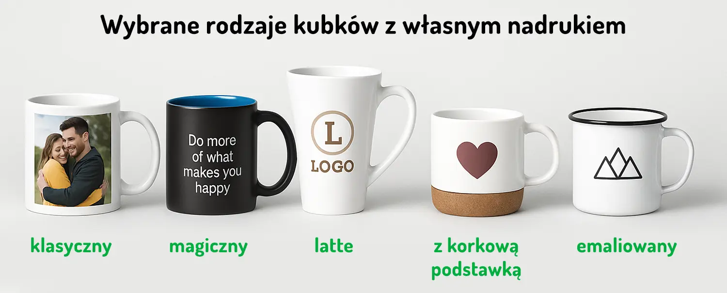 Porównanie rodzajów kubków: klasyczny, magiczny, latte, z korkową podstawą i emaliowany.