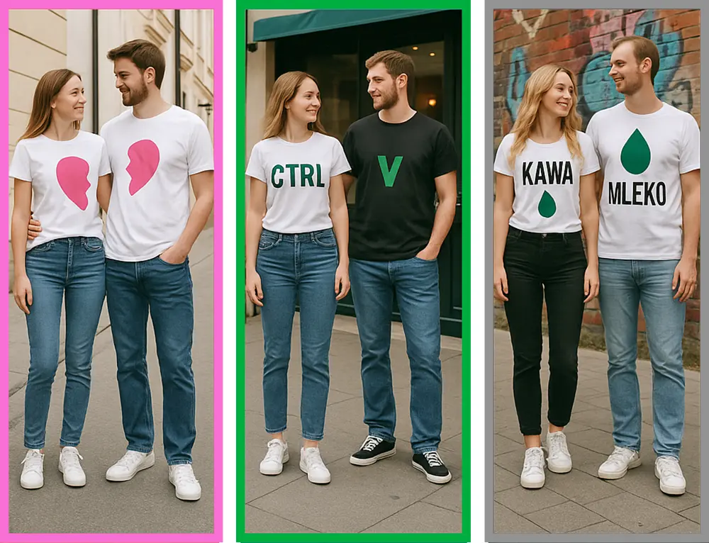 3 zdjęcia par w śmiesznych koszulkach