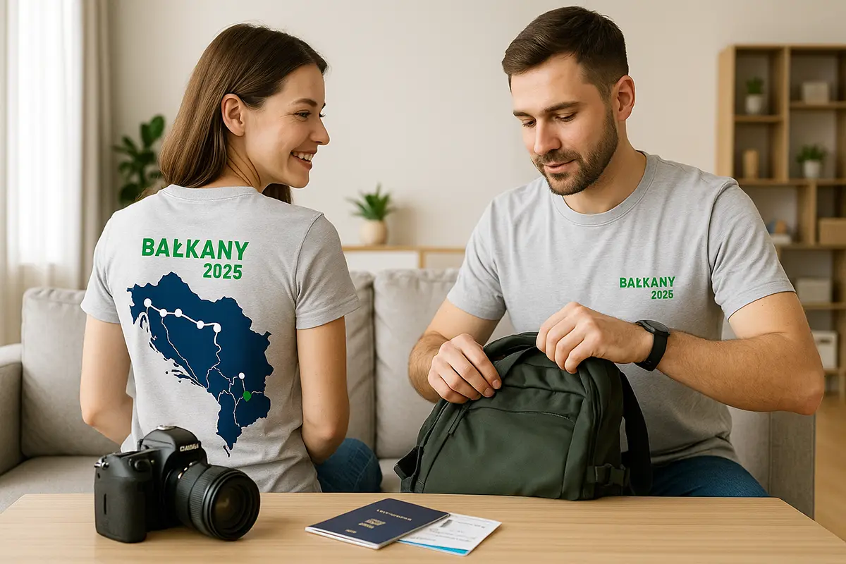 Para pakująca plecak w koszulkach do podróżowania; na plecach mapa Bałkanów z pinezkami w granicach mapy, na stole nowoczesna lustrzanka.