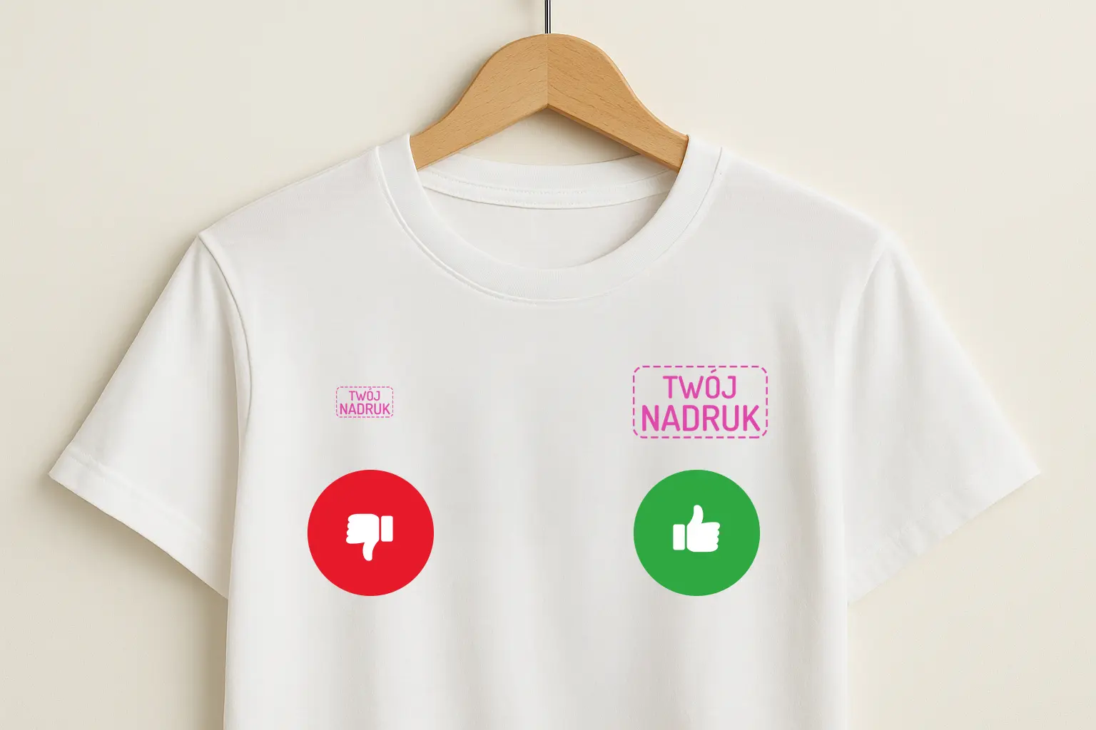 Biały T-shirt na wieszaku z dwoma napisami „TWÓJ NADRUK”; jeden za mały i nieczytelny, drugi w optymalnym rozmiarze.