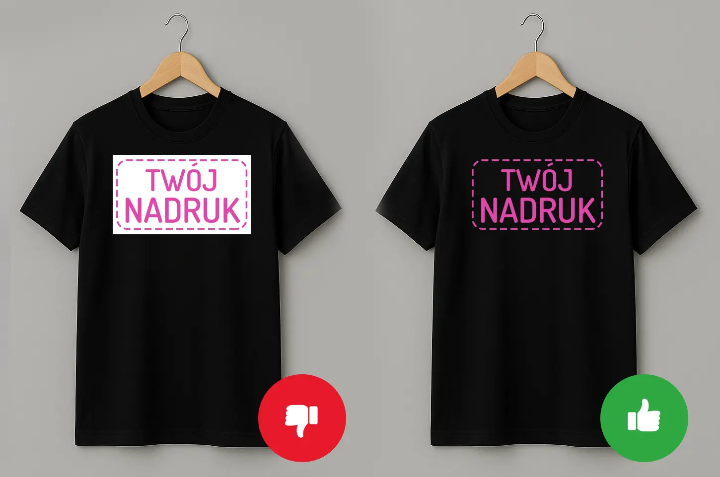 Split-screen: po lewej czarna koszulka z napisem „TWÓJ NADRUK” otoczonym białą ramką (JPG), po prawej ten sam napis bez ramki (PNG z przezroczystym tłem).