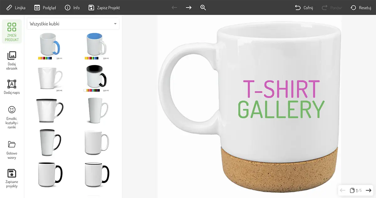 Okno kreatora nadruków - projektowanie firmowego kubka z logo