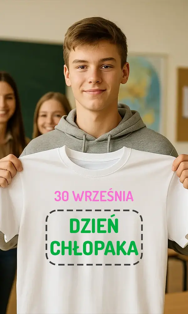 ,lody chłopak trzyma w reku koszulkę z napisem 30 września - Dzień Chłopaka
