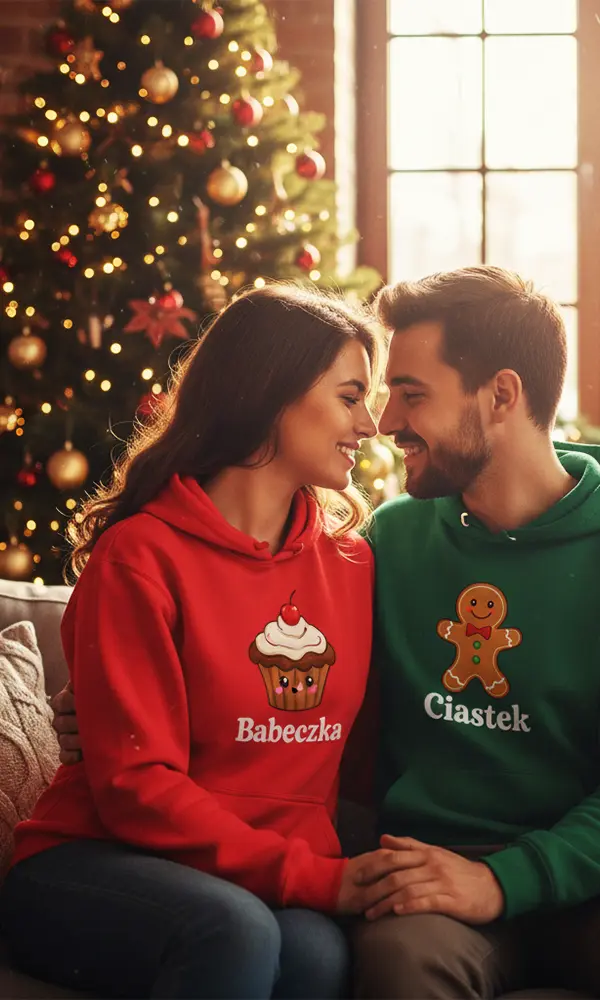 świąteczna atmosfera, choinka w tle. Na kanapie siedzi przytulona para młodych ludzi ubranych w bluzy ze świątecznymi motywami - prezent pod choinkę.