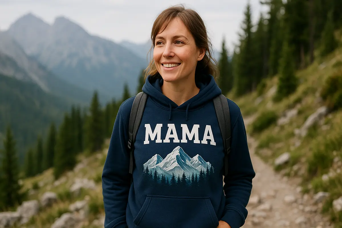 kobieta na górkim szlaku z bluzie z grafiką gór i napisem MAMA - pomysł na prezent dla mamy