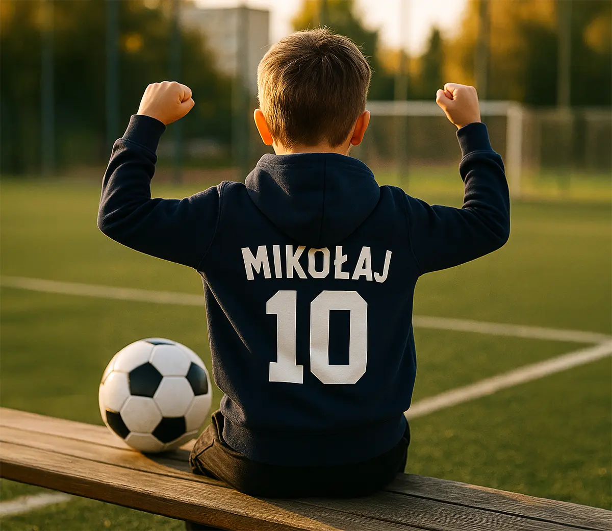 Chłopiec w granatowej bluzie dziecięcej z własnym nadrukiem na plecach (numer 10,  Mikołaj) na boisku — personalizowana bluza na trening.