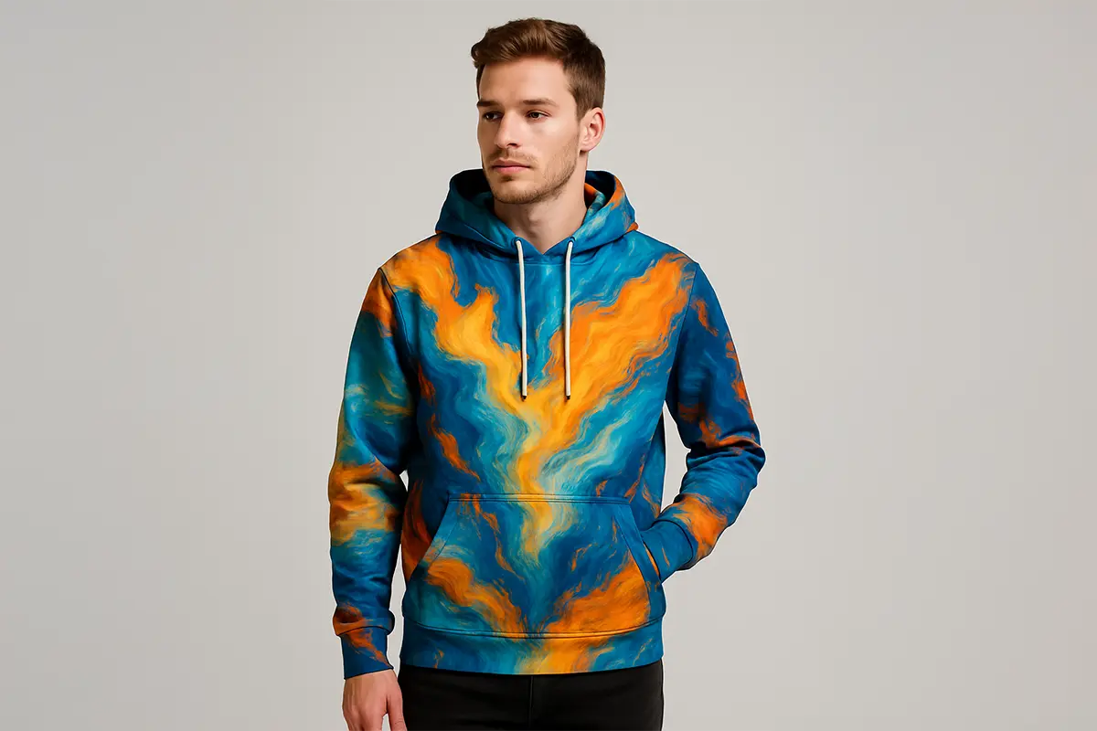 Abstrakcyjny, niebiesko-pomarańczowy wzór na bluzie FULLPRINT — nadruk na całej powierzchni.