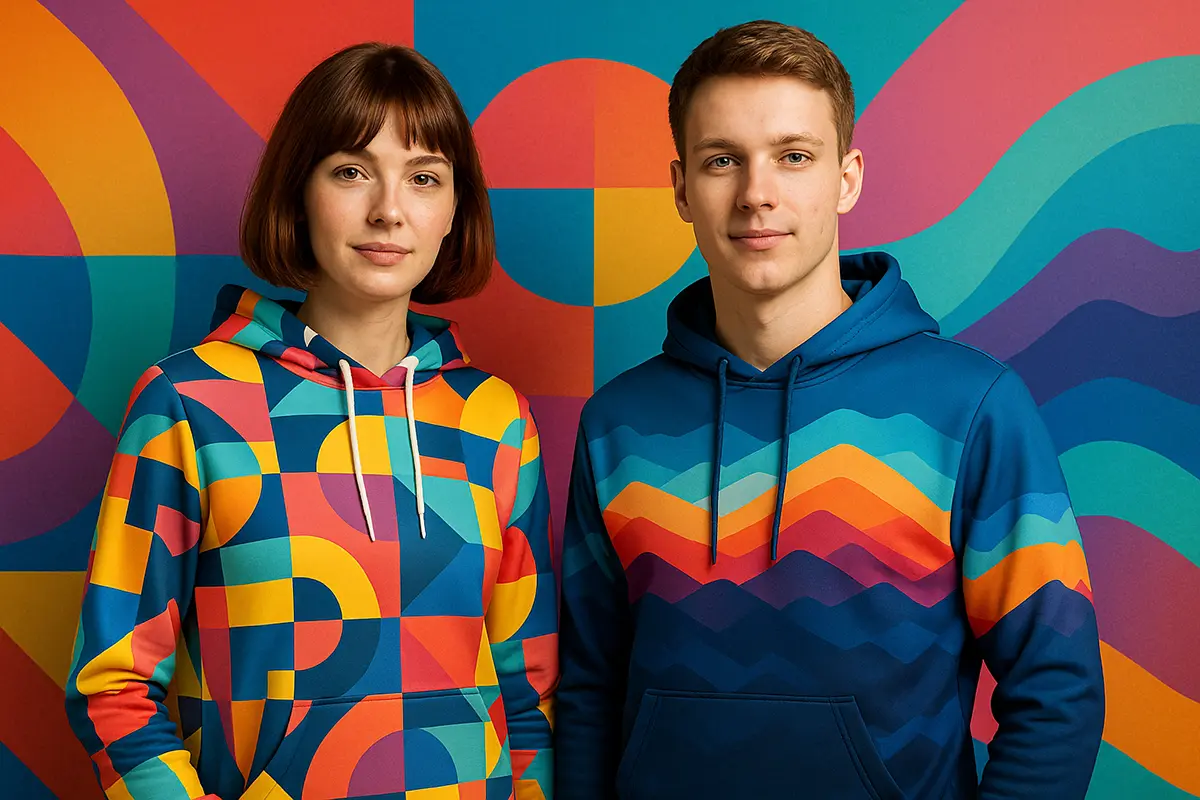Modelka w geometrycznej bluzie FULLPRINT i mężczyzna w bluzie z kolorowym „górskim” wzorem; barwne tło nawiązujące do fullprint; kadr 16:9