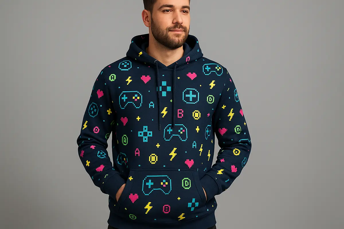 Model w bluzie FULLPRINT z pikselowym, gamerskim microprintem (kontrolery, serca, błyskawice) na granatowym tle — nadruk all-over.