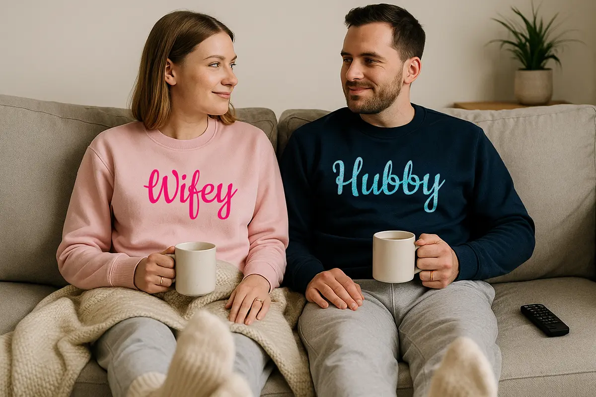 Para małżeńska w dresach na kanapie, bluzy bez kaptura: różowa „Wifey” i granatowa „Hubby”, kubki w dłoniach i koc