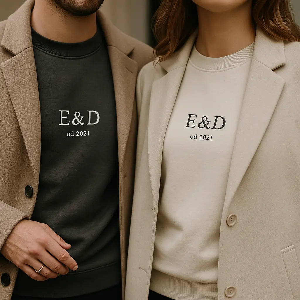 Zbliżenie na małe nadruki E&D od 2021 na bluzach małżeńskich