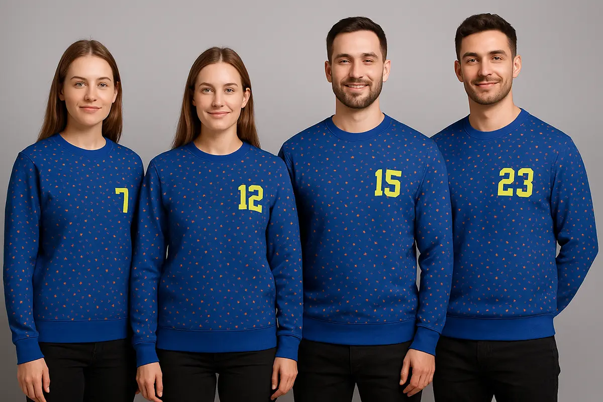 Mieszana grupa 4 osób w drużynowych bluzach FULLPRINT (kobalt z neonowymi akcentami limonki i pomarańczy), numery na lewej piersi