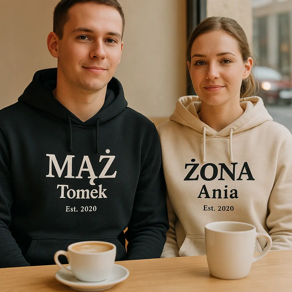 Bluzy małżeńskie z personalizacją – imiona i rok ślubu w opcji pół na pół