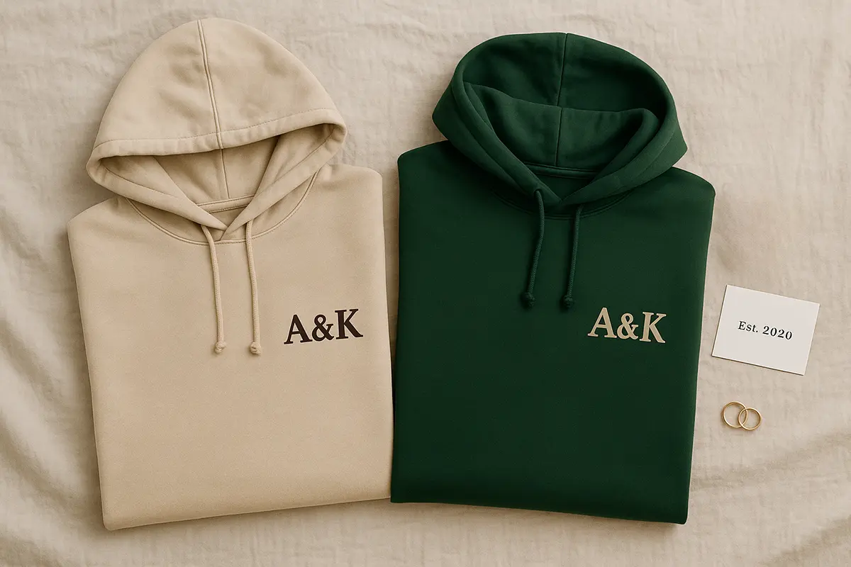 Widok z góry dwóch bluz małżeńskich z monogramem A&K i kartką Est. 2020, obrączki obok – elegancki, minimalistyczny kadr