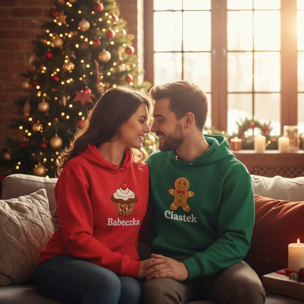 świąteczny klimat, środek dnia, para 20-latków przytulona do siebie. Ona w czerwonej bluzie z nadrukiem muffinki i podpisem "Babeczka", on w zielonej bluzie z nadrukiem piernika i podpisem "Ciastek"