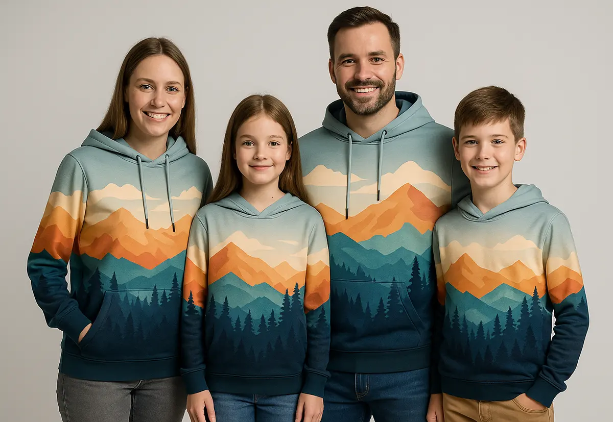 Zestaw rodzinny FULLPRINT — mama, tata i dzieci w pasujących bluzach.