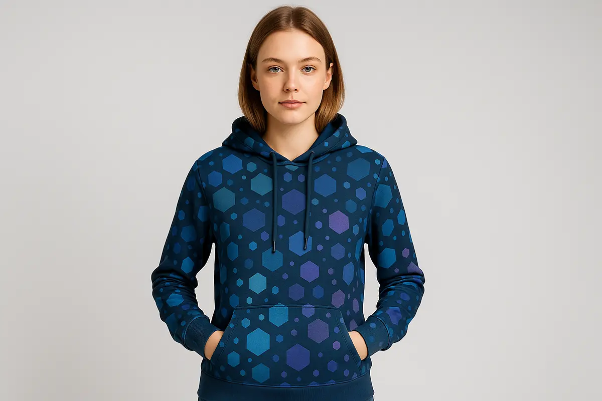 Modelka na studyjnym tle ubrana w bluzę fullprint z geometrycznymi kształtami