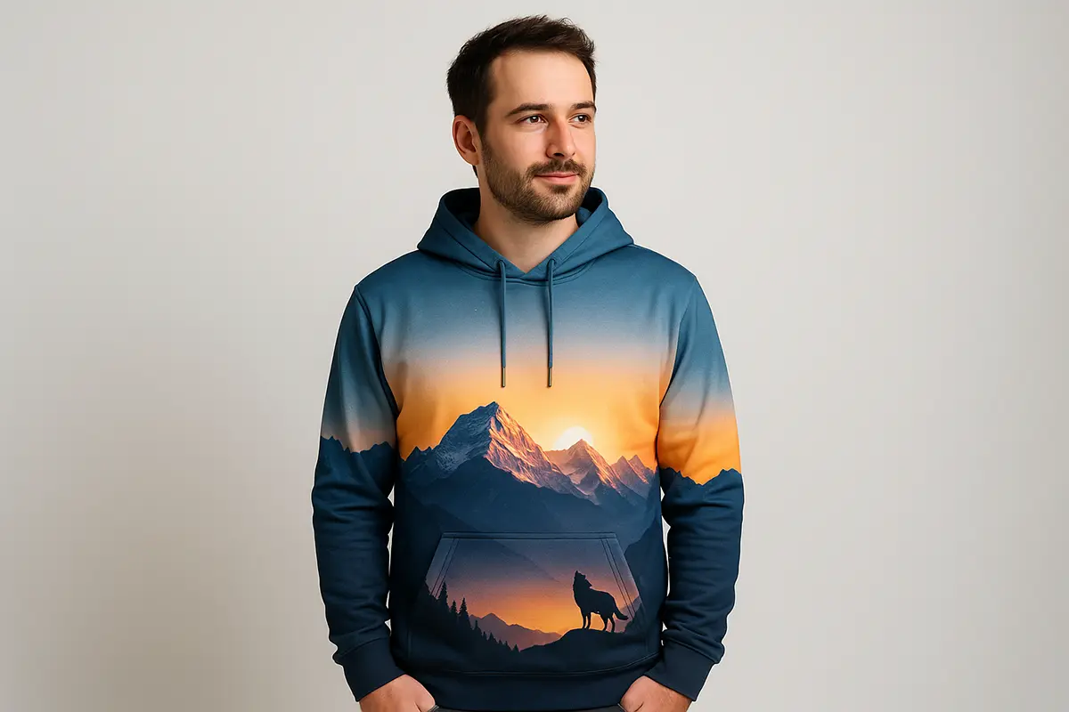 Bluza FULLPRINT z motywem krajobrazu i zwierząt — all-over print na całej powierzchni.