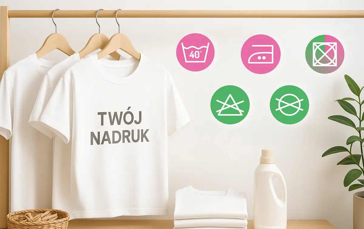 Biała koszulka z napisem „TWÓJ NADRUK” na drewnianym stojaku; obok piktogramy zasad pielęgnacji