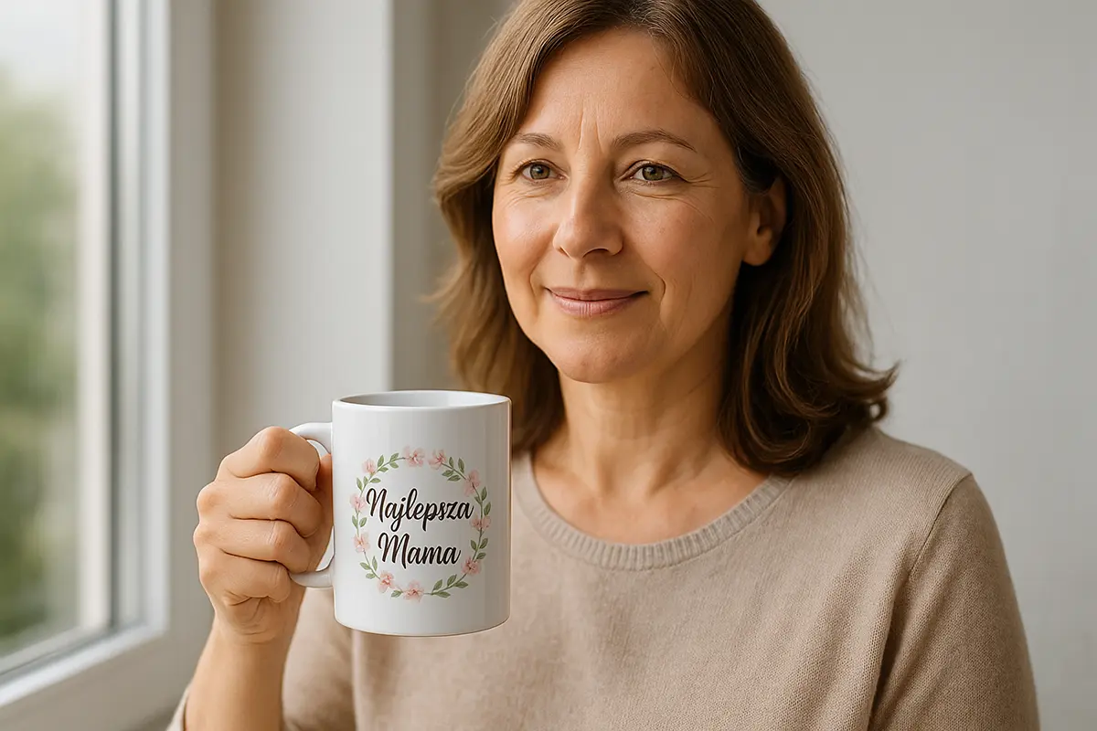 Kobieta trzyma za uszko kubek z napisem „Najlepsza Mama” przy oknie — personalizowany kubek z własnym nadrukiem, idealny prezent dla mamy.