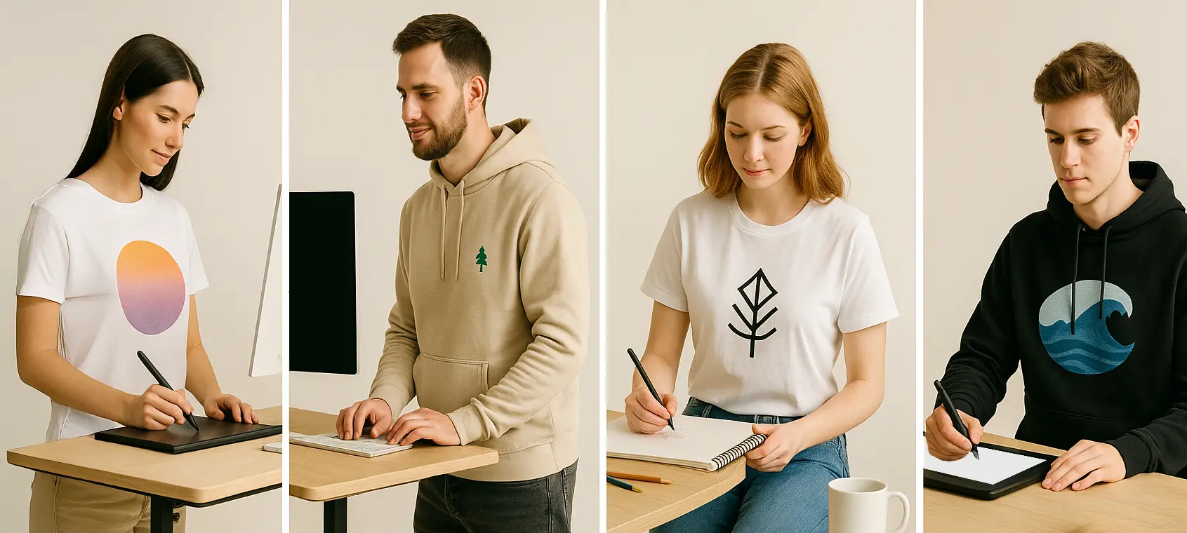 kolaż 4 artystów tworzących grafiki na sprzedaż