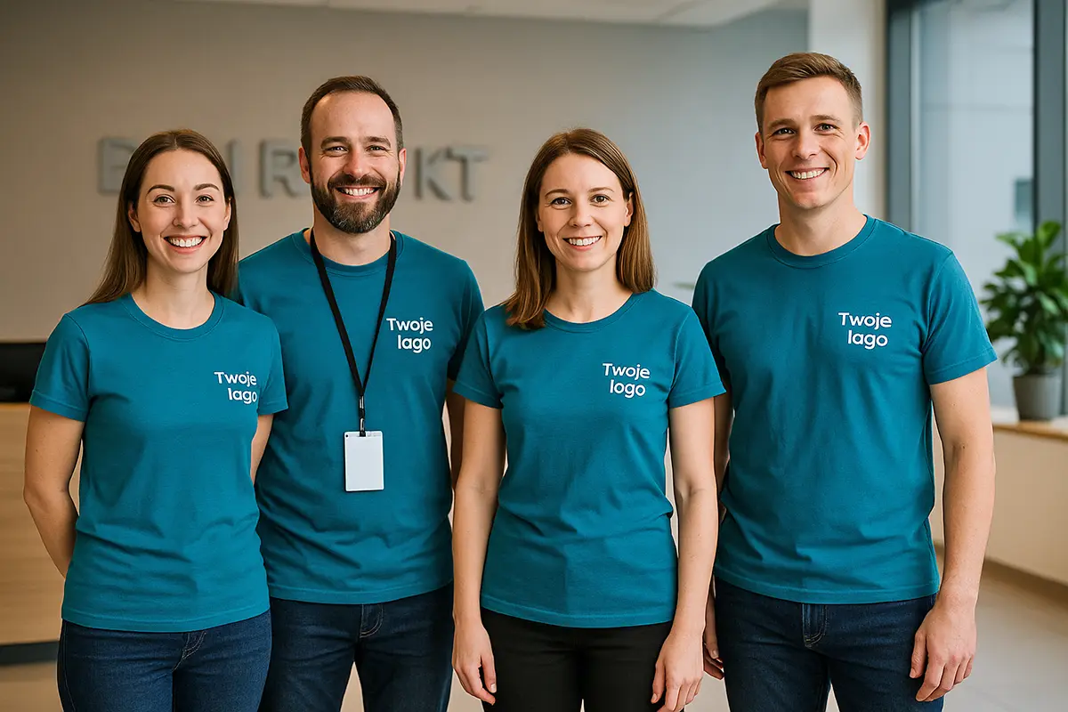 Zespół w koszulkach firmowych z własnym nadrukiem w recepcji — profesjonalny wizerunek marki