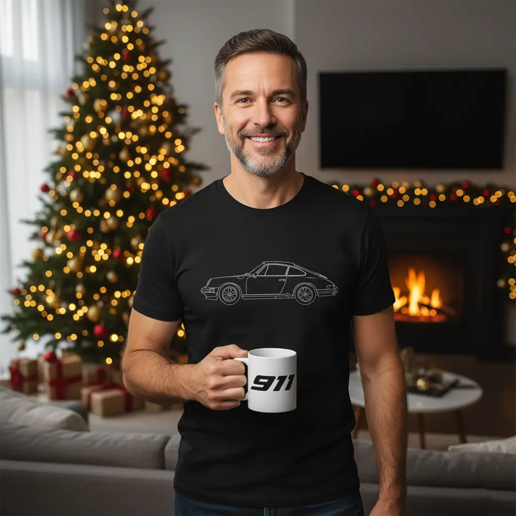 mężczyzna w czarnej koszulce z konturem porsche 911, w ręce trzyma biały kubek z napisem 911, świąteczne tło