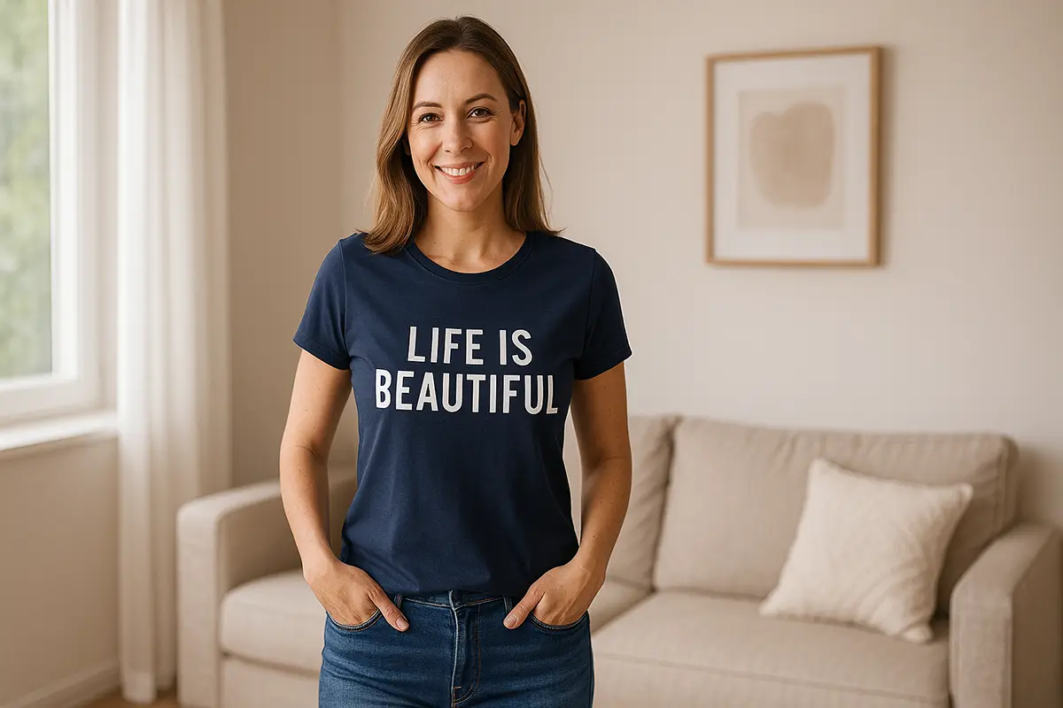Mama w granatowej koszulce z napisem „Life is beautiful” w jasnym salonie — pomysł na prezent dla mamy.