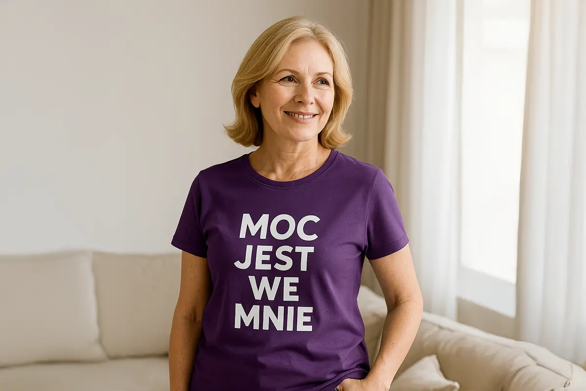 Uśmiechnięta mama w fioletowej koszulce z napisem „MOC JEST WE MNIE” na tle salonu — koszulka dla mamy.