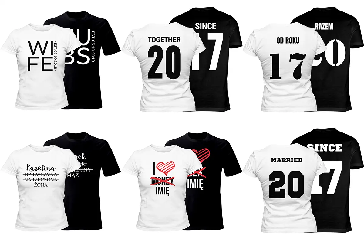 grafika z przykładowymi zestawami koszulek dla par, gotowe wzory z możliwością personalizacji