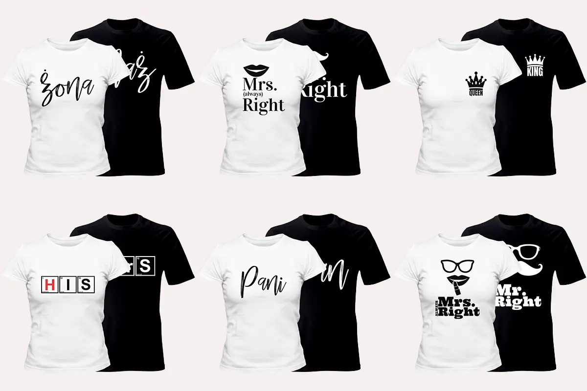 grafika z przykładowymi zestawami koszulek dla par, gotowe wzory bez możliwości personalizacji