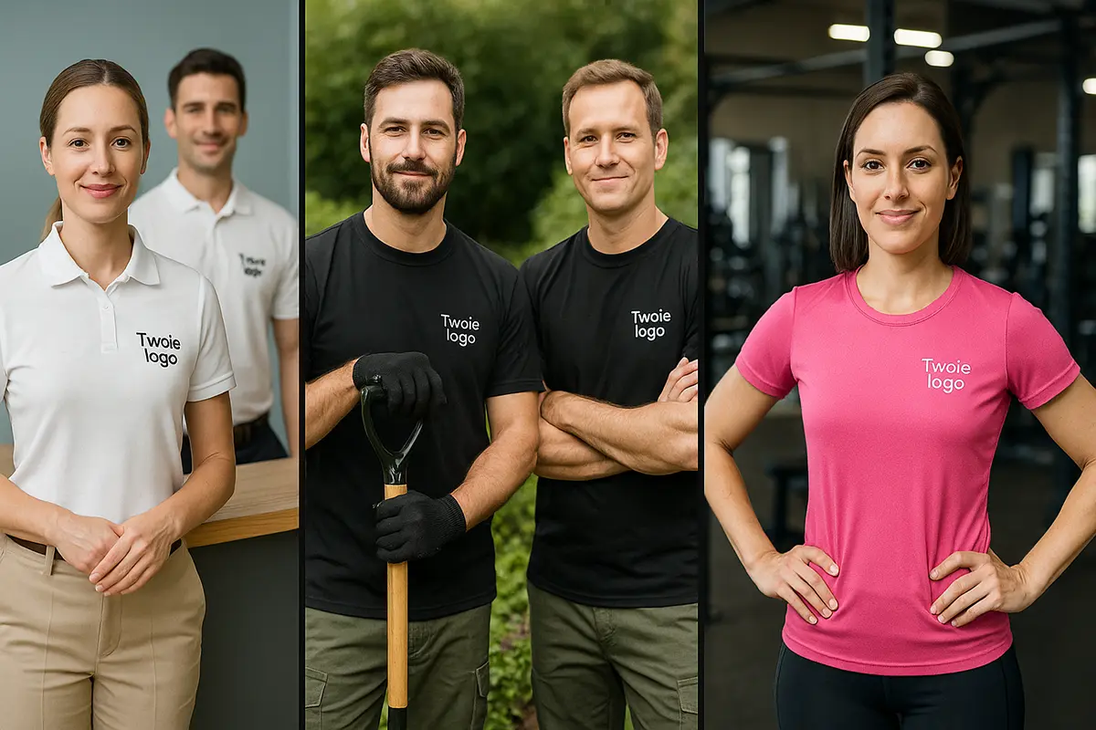 Próbki tkanin koszulek firmowych — bawełna, polo i materiał techniczny z przykładowym nadrukiem logo