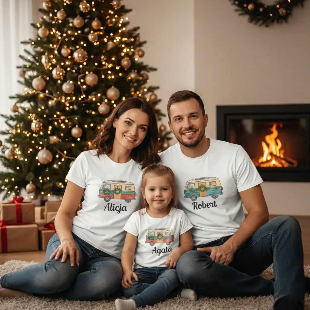 nowoczesny salon z kominkiem, świąteczny klimat pod choinką siedzą 5-letnia dziewczynka, mama i tata. Wszyscy mają ubrane identyczne białe koszulki z nadrukiem kampera i podpisami pod nim. Dziewczyna ma napisane "Agata", mama - "Alicja", tata - "Robert"