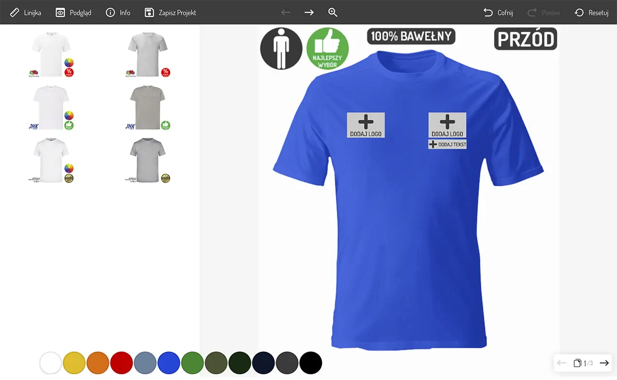 Okno kreatora nadruków - projektowanie koszulki firmowej