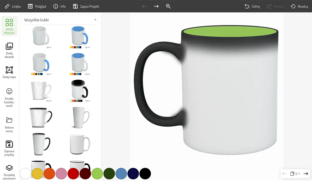 okno kreatora nadruków - projektowanie kubka