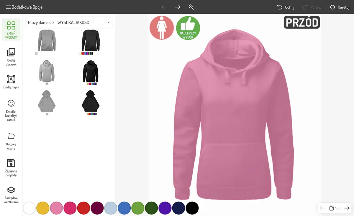 Kreator nadruków - wybór modelu i koloru bluzy