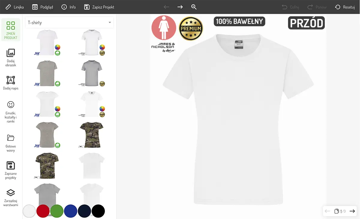 Okno kreatora nadruków - wybór koszulki