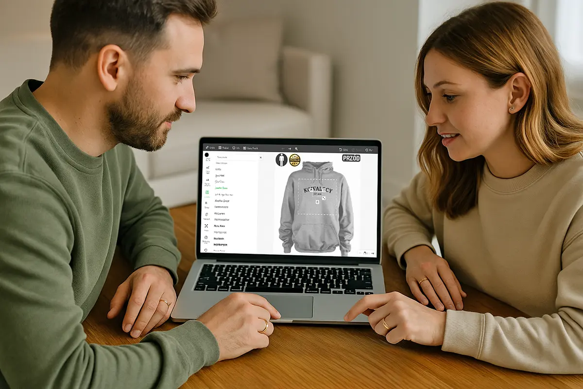 Małżeństwo projektuje w kreatorze bluzy z nazwiskiem i napisem EST 2020 – wspólne tworzenie kompletu