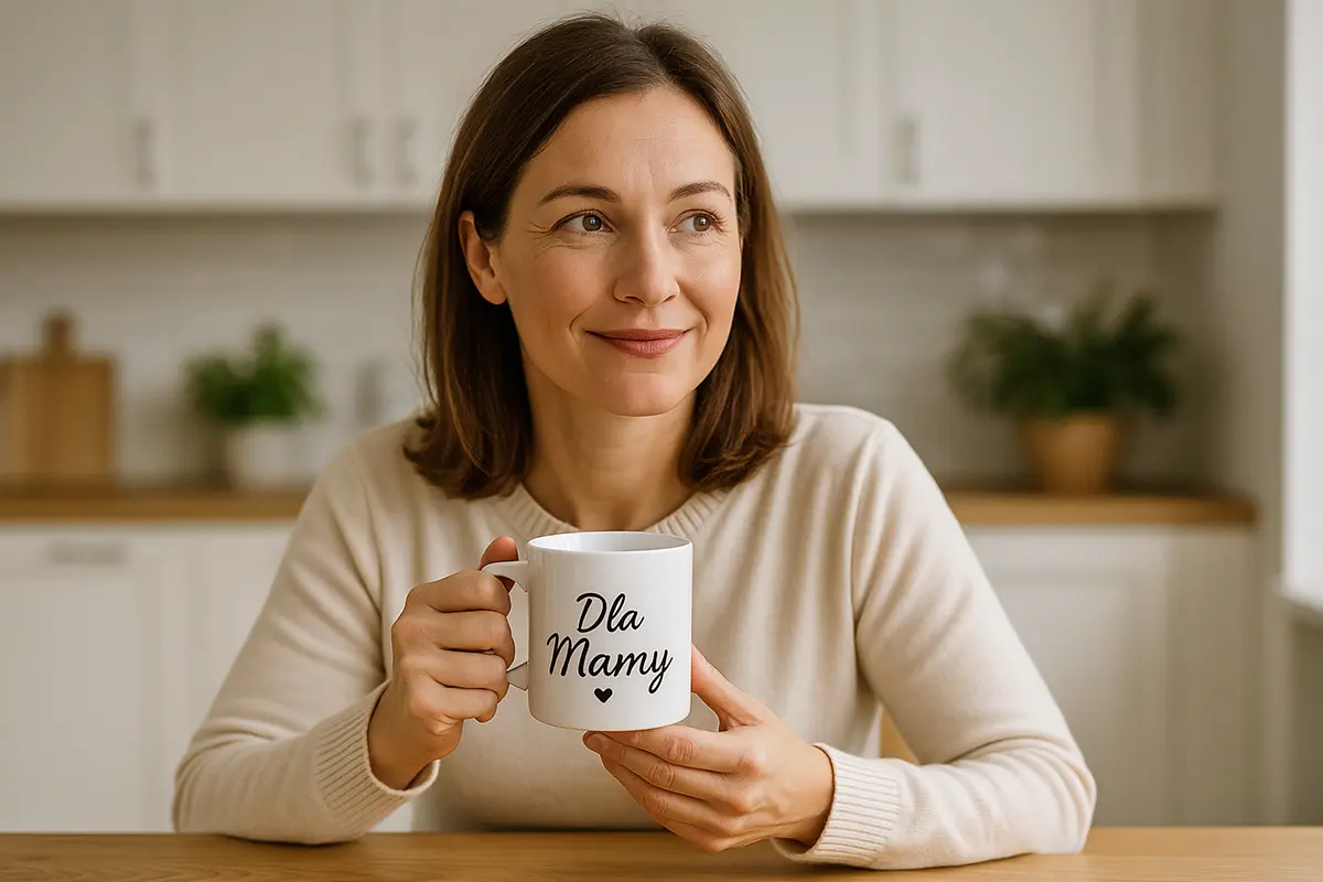 kobitą trzyma w ręku kubek z napisem "Dla mamy" i małym serduszkiem. W tle kuchnia.  Przykład prezentu dla mamy.